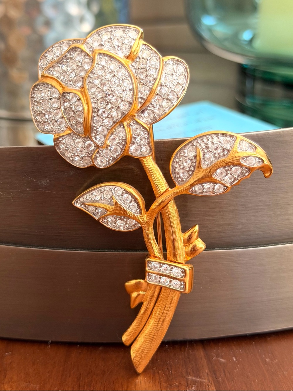 Vintage Nolan Miller Rhinestone Rose Brooch Gold Tone Floral Statement Pin